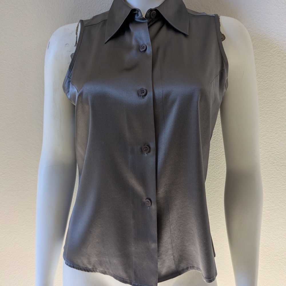 INC International Concepts Sleeveless Silk Button-Down Shirt - Gray